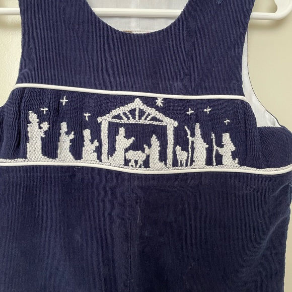 Navy Christmas Smocked Overalls - Picture 2 of 5
